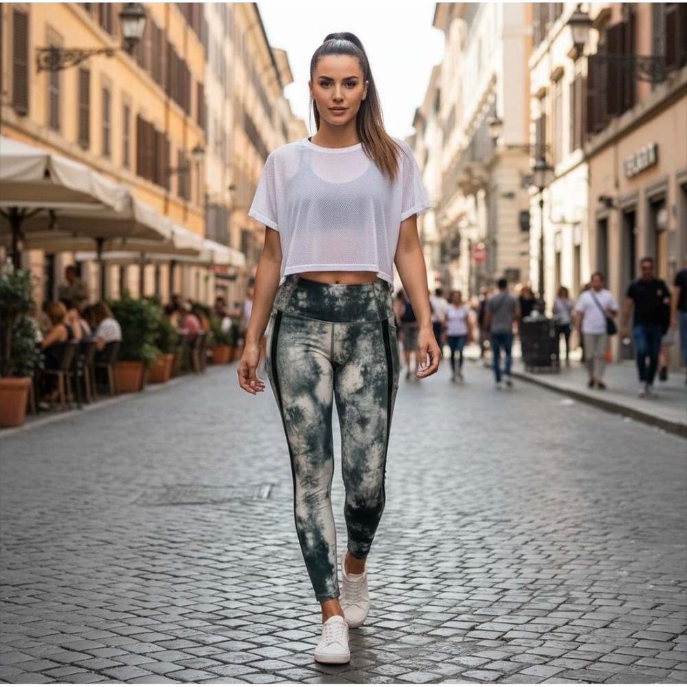 Nicole Miller Sport Tie Dye Leggings Pockets Athleisure Women Large Green‎ White